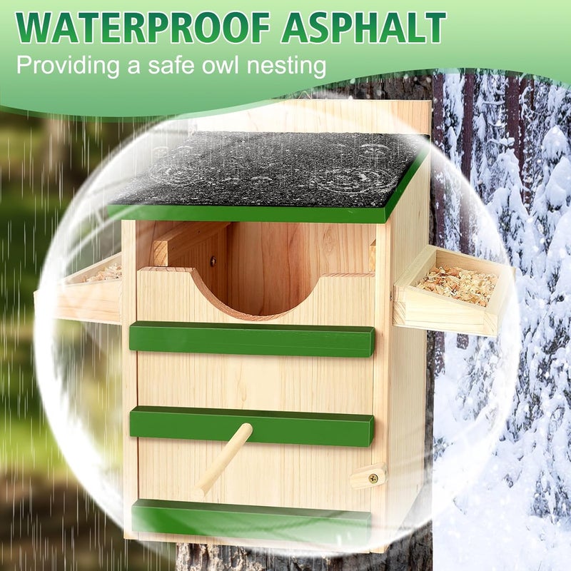 HAFTKD Owl House, Screech Wooden Owl Nesting Box, Weatherproof Design with Bird Stand, Large Opening, Mounting Screws, and Wood Shavings for Outside Backyard - Image 3
